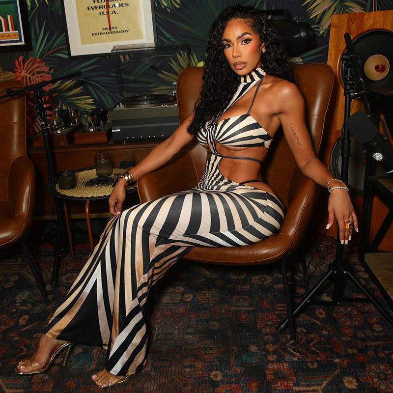 Women Clothing Zebra Print Hip Dress Backless Hanging Collar Lace up Dress