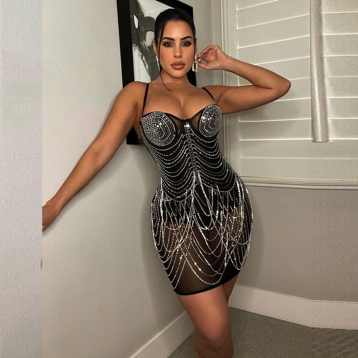 Rhinestone Bust Draped Chain Fringe Tassel Bodycon Mini Dress
