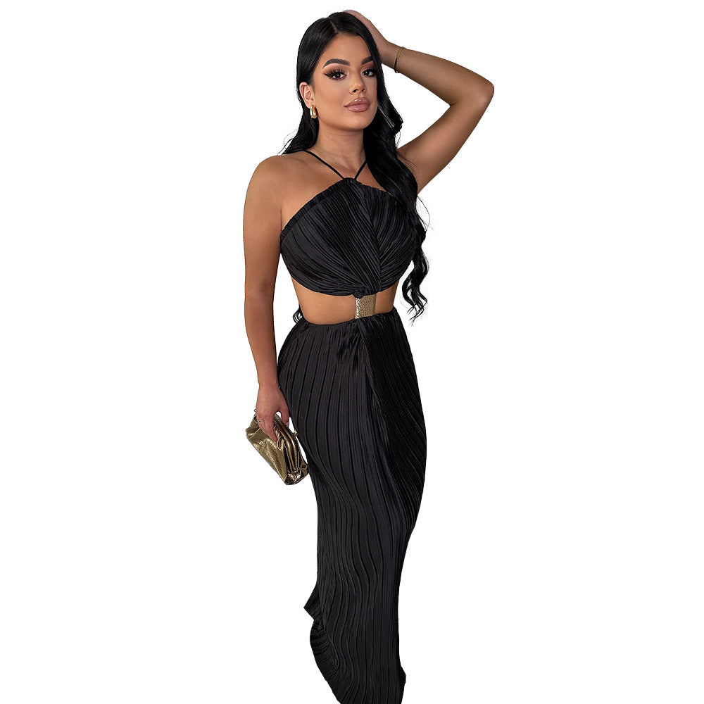 Emerald Hour Pleated Halter Crystal Belt Cutout Lace-Up Maxi Dress