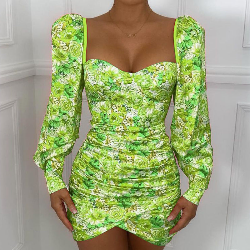 Floral Print Satin Mini Dress | Long Sleeve Square Neck Bodycon