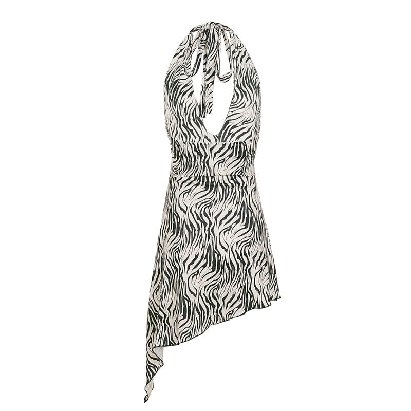 Zebra Print Deep V-Plunge Halter Tie Neck Asymmetric Hem Backless Mini Dress