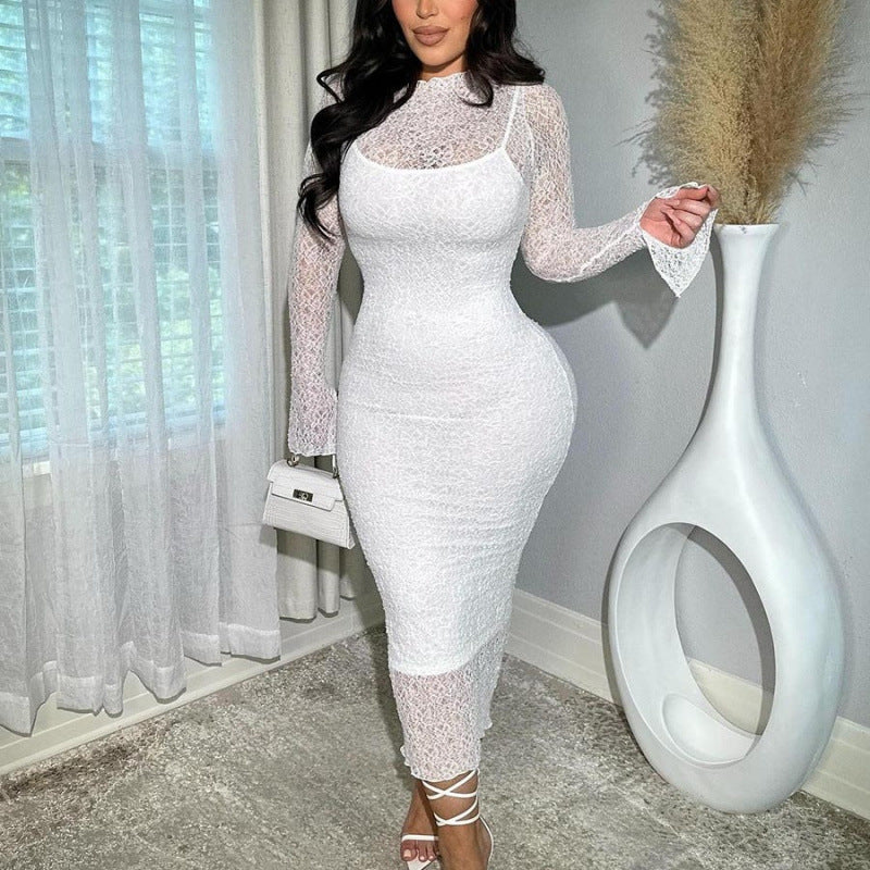 Lace Affair Floral Lace Long Sleeve Mock Neck Bodycon Midi Dress
