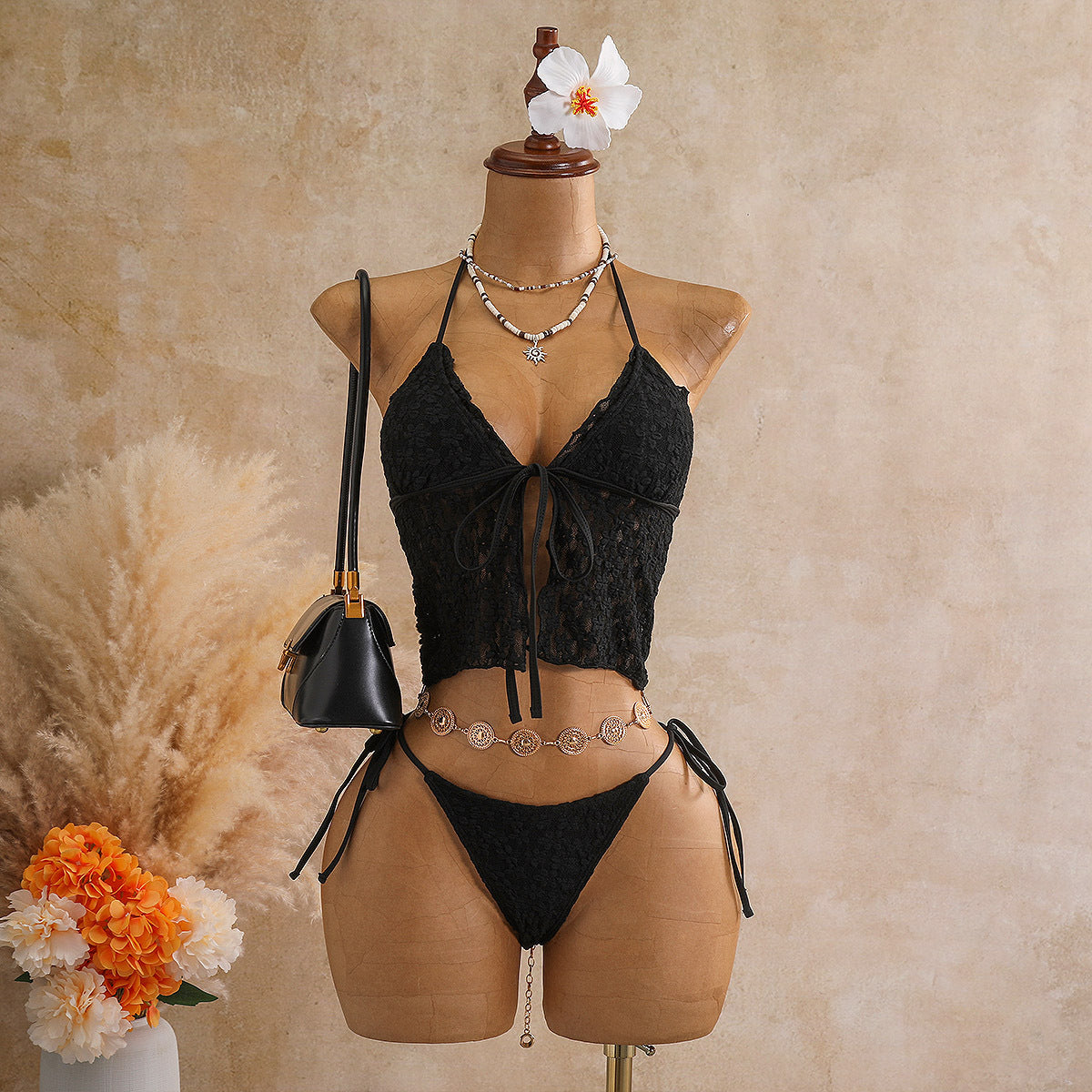 Lace Halter Crop Top Bralette & High-Cut Thong Bikini Set | Scalloped Edge, Front Tie Bow & Bridal-Adjacent Resort Luxe