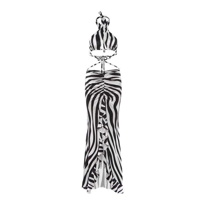 Halter Bandage Maxi Dress | Backless Split Ruffle Dress
