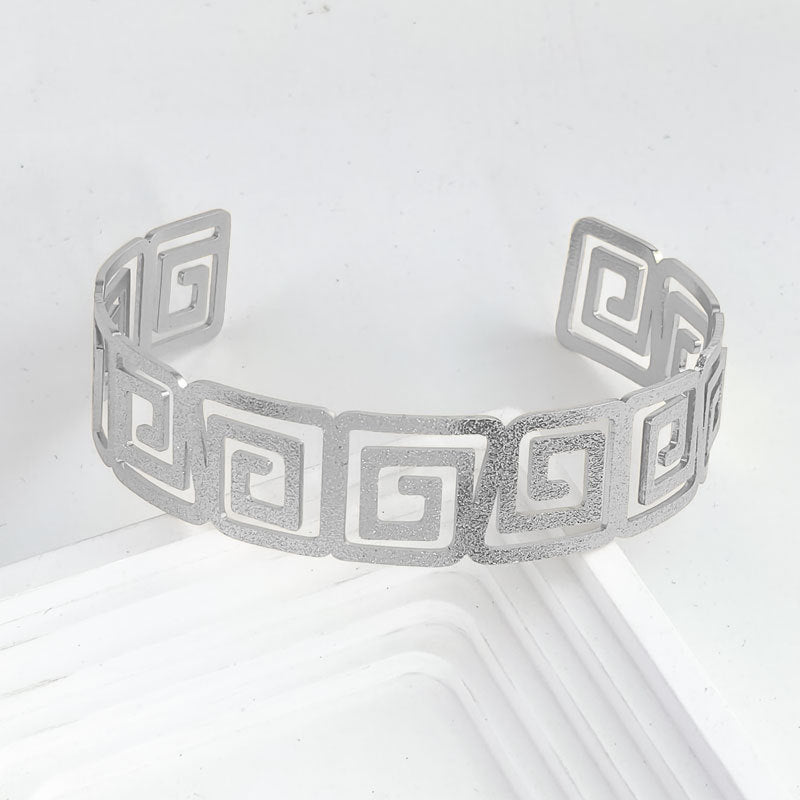 Greek Key Cutout Wide Cuff Bracelet | Adjustable Open Bangle