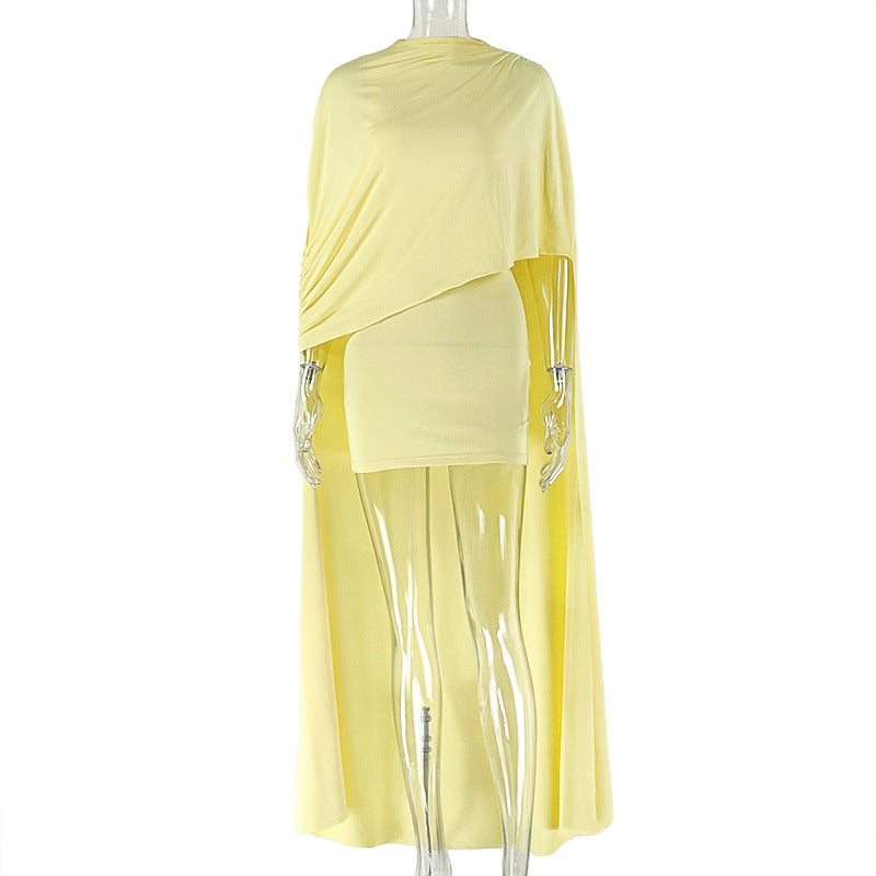 Mock Neck Asymmetric Draped Cape Overlay 3/4 Sleeve Ruched Bodycon Mini Dress