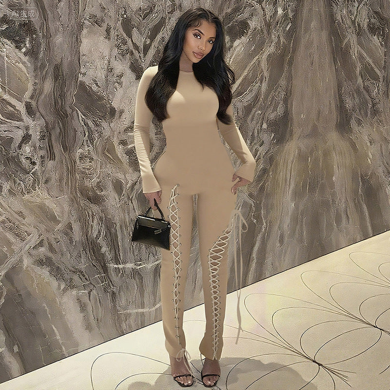 Long Sleeve Lace-Up Side Cutout Slim-Fit Full-Length Jumpsuit