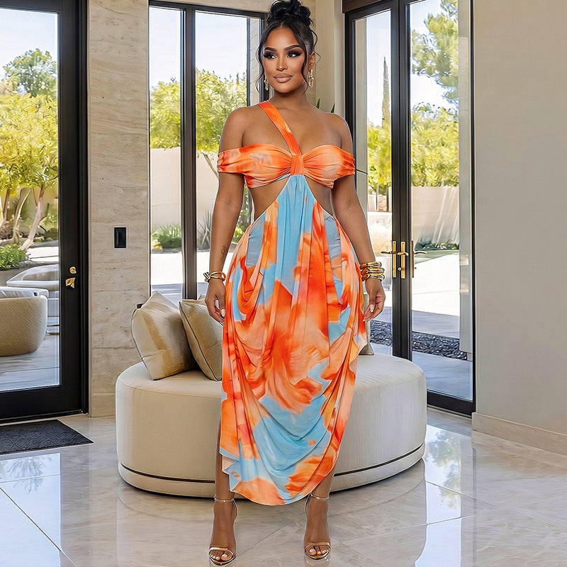 Sunset Mirage One-Shoulder Twist Knot Cutout Draped Maxi Dress