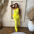 One-Shoulder Ruched Bodycon Maxi Dress | Gold Ring Hardware & Draped Sash Tail