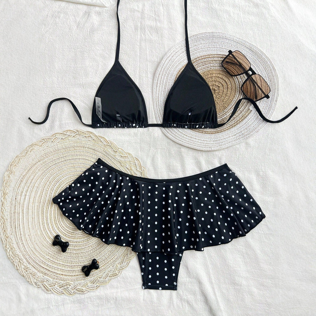 Leopard Print Triangle Bikini Top & Ruffled Skirt Bottom Set