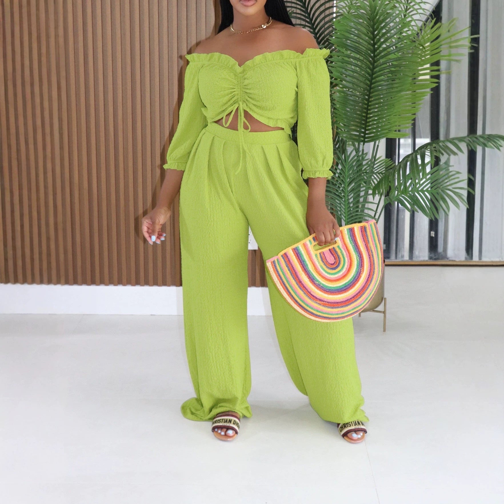 Off-Shoulder Ruched Crop Top & Wide-Leg Palazzo Pants Set | Drawstring & Puff Sleeves