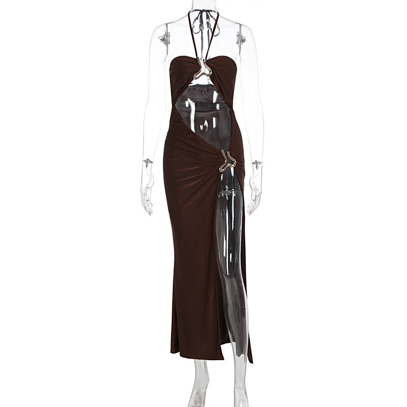 Halter Tie-Neck Metal Ring Cutout Lace-Up High Slit Maxi Dress