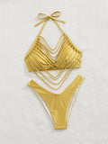 Golden Yellow Multi-Strap Lace-Up Halter Bikini Set