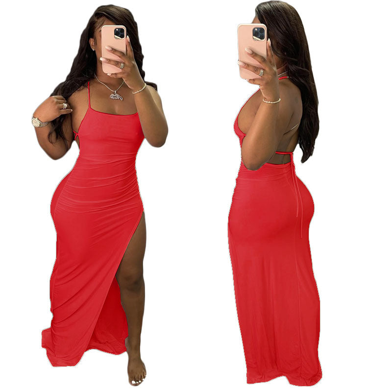 Spaghetti Strap Ruched Side Slit Backless Tie Bodycon Maxi Dress