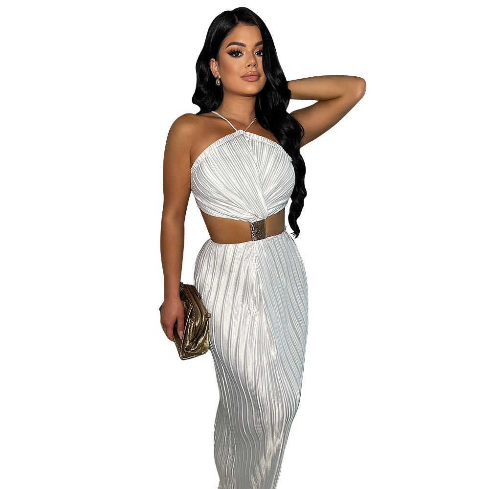Emerald Hour Pleated Halter Crystal Belt Cutout Lace-Up Maxi Dress