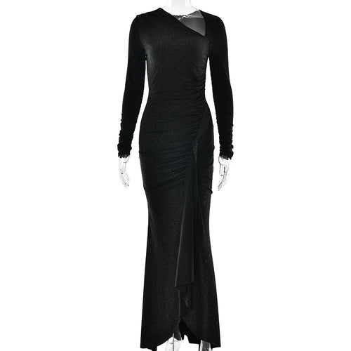 Elegant Slim Women Clothing Dress Diagonal Collar Long Sleeve Pleated Sexy Bright Silk Dress