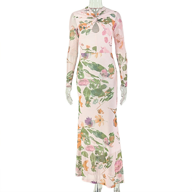Botanical Floral Print Sheer Mesh High Neck Twisted Waist Bodycon Maxi Dress