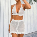 Open-Knit Crochet Triangle Halter Crop Top & Drawstring Mini Skirt Set | Ruffle Hem
