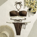 Ribbed Halter Bandeau Bikini Set | Shell Pearl Chain Trim & Side-Tie Bottoms