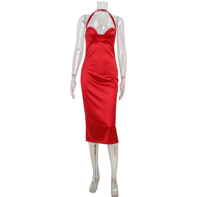 Lady in Red Satin Sweetheart Halter Backless Split Midi Dress
