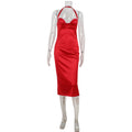 Lady in Red Satin Sweetheart Halter Backless Split Midi Dress