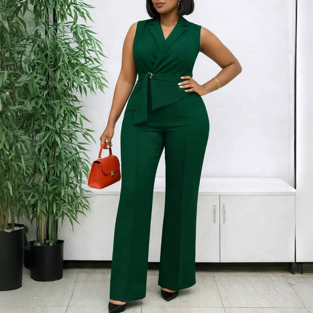 Sleeveless Wide-Leg Jumpsuit with Lapel & D-Ring Belt