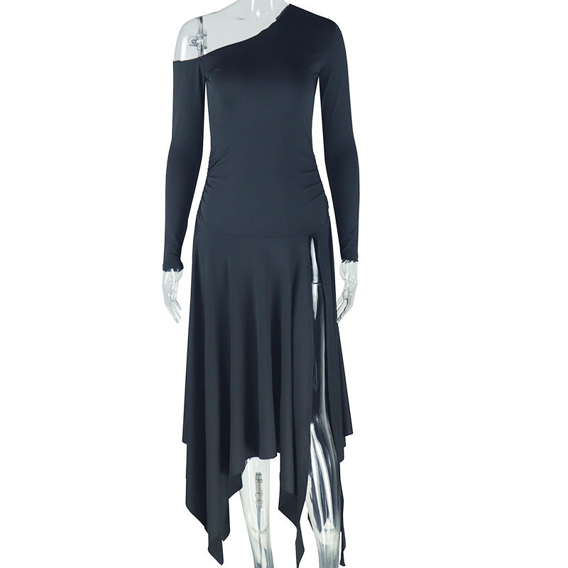After Hours One-Shoulder Long Sleeve Asymmetric Split Midi Dress