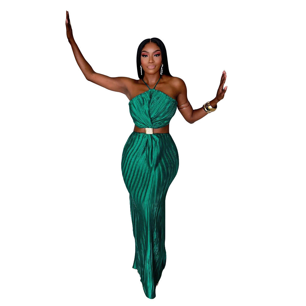 Emerald Hour Pleated Halter Crystal Belt Cutout Lace-Up Maxi Dress
