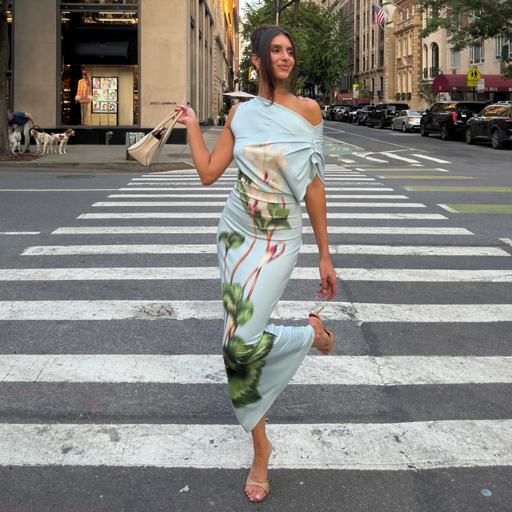 Botanical Print One-Shoulder Ruched Asymmetric Bodycon Maxi Dress