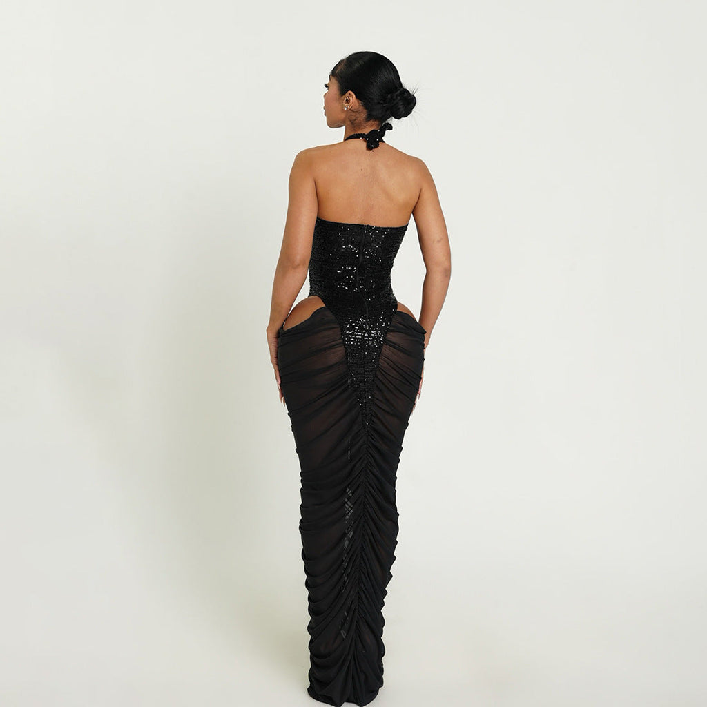 Sequin Halter Deep V Bodysuit & Ruched Mesh Maxi Skirt Dress