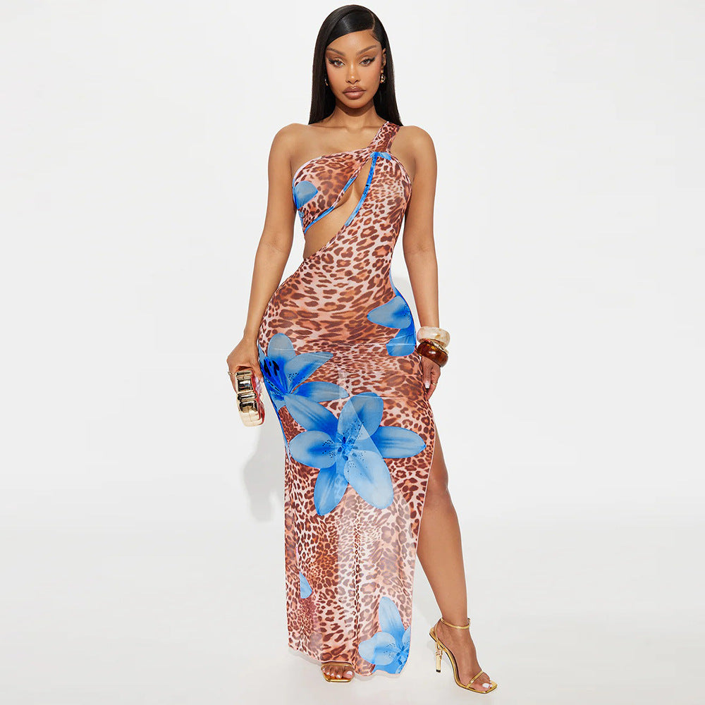 Leopard & Floral Print One-Shoulder Cutout Mesh Maxi Dress