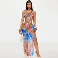 Leopard & Floral Print One-Shoulder Cutout Mesh Maxi Dress