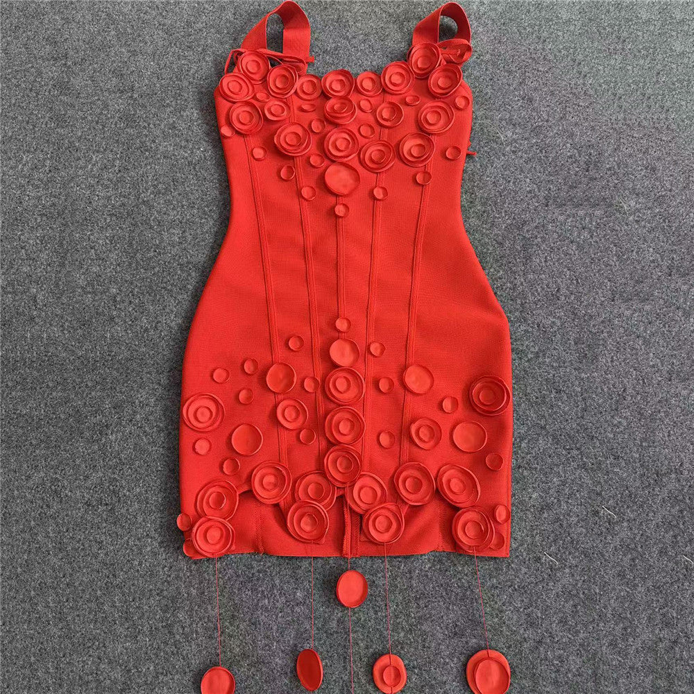 Disc Fever 3D Wafer Apliqué Disc Tassel Bandage Bodycon Mini Dress
