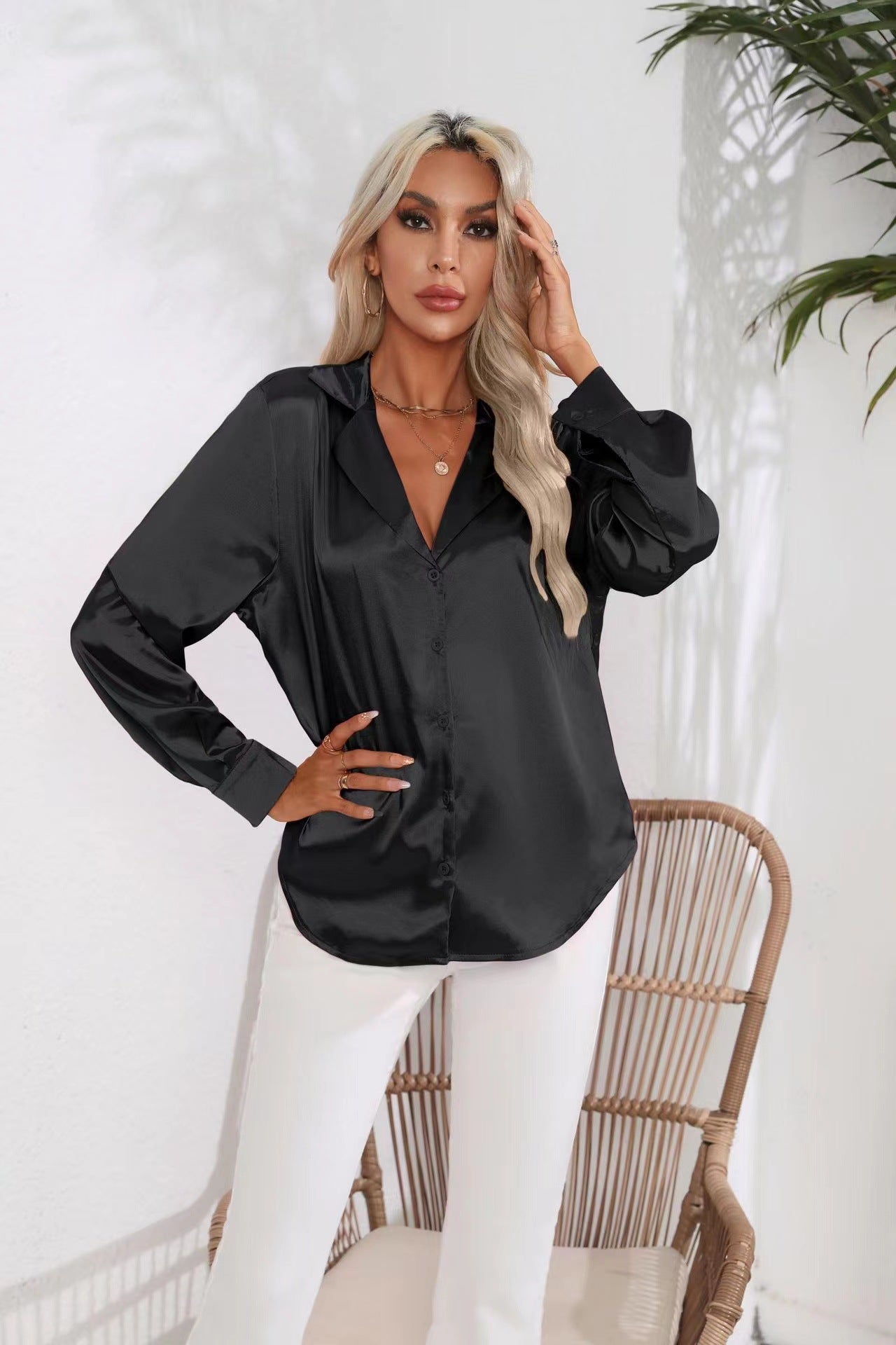 Satin Long Sleeve Button-Down Collared Shirt