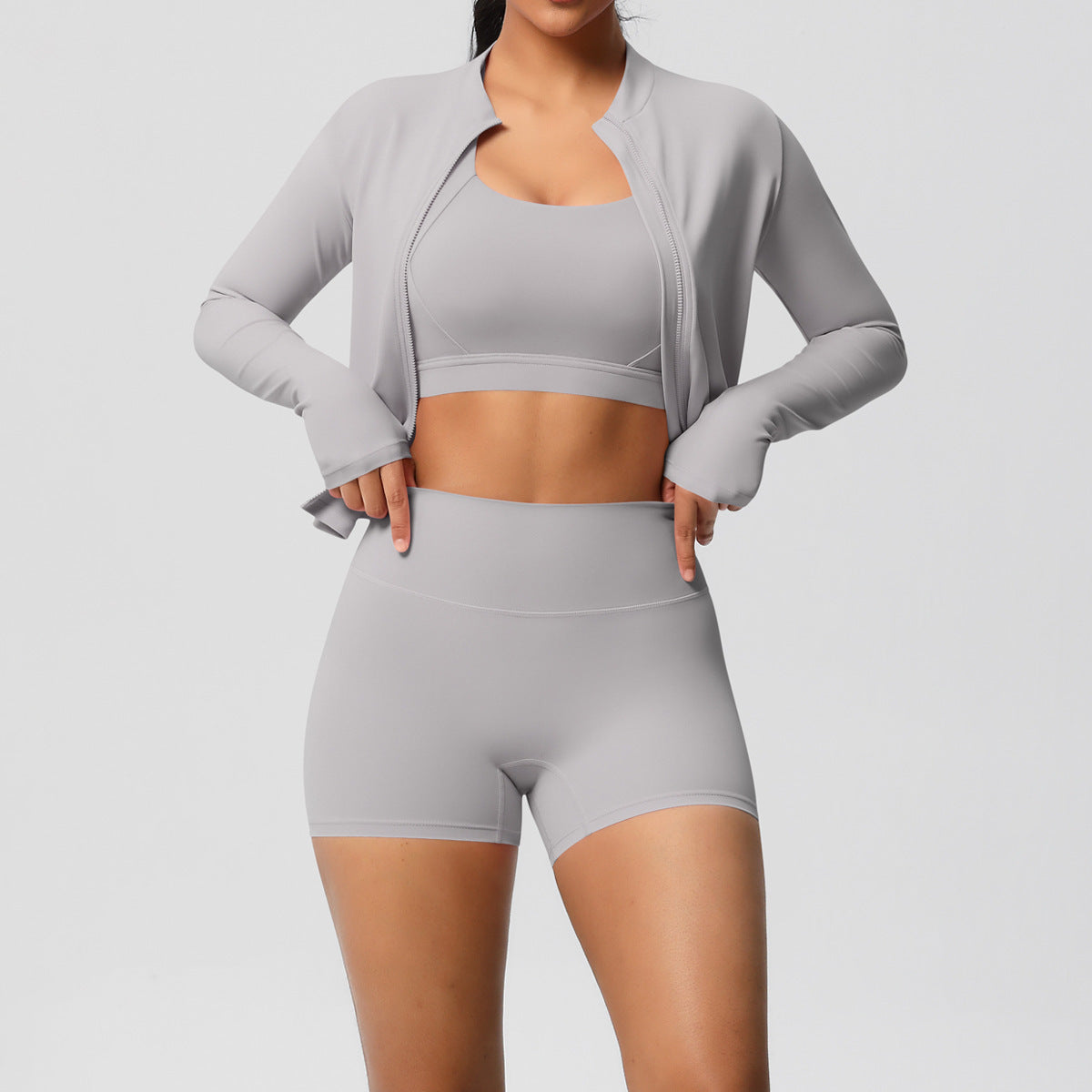 3-Piece Zip Jacket, Sports Bra & Biker Shorts Activewear Set