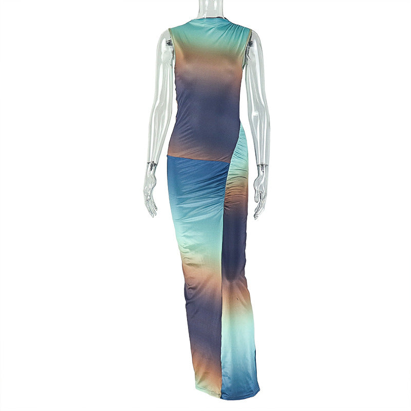 Sunset Swirl Ruched Maxi Dress