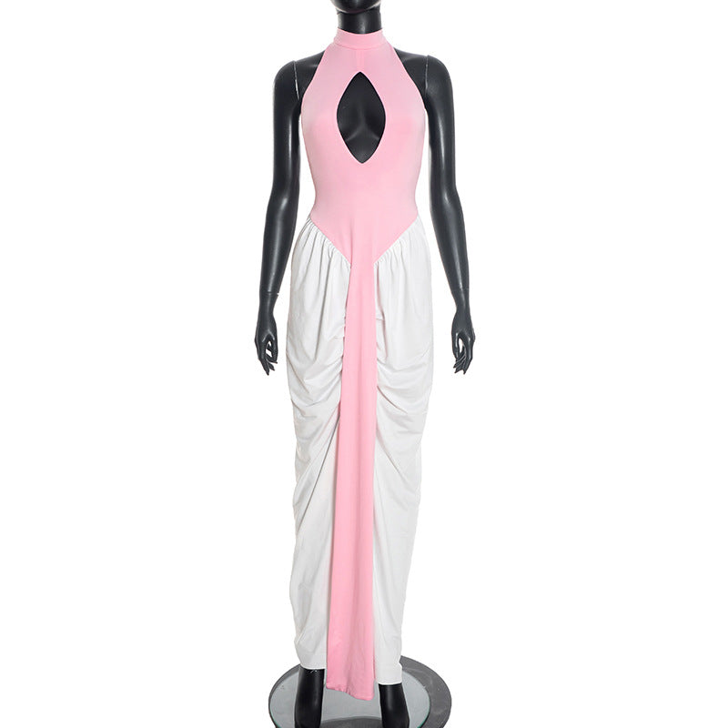 Barbie Dream Pink & White Cutout Colour-Block Halter Maxi Dress