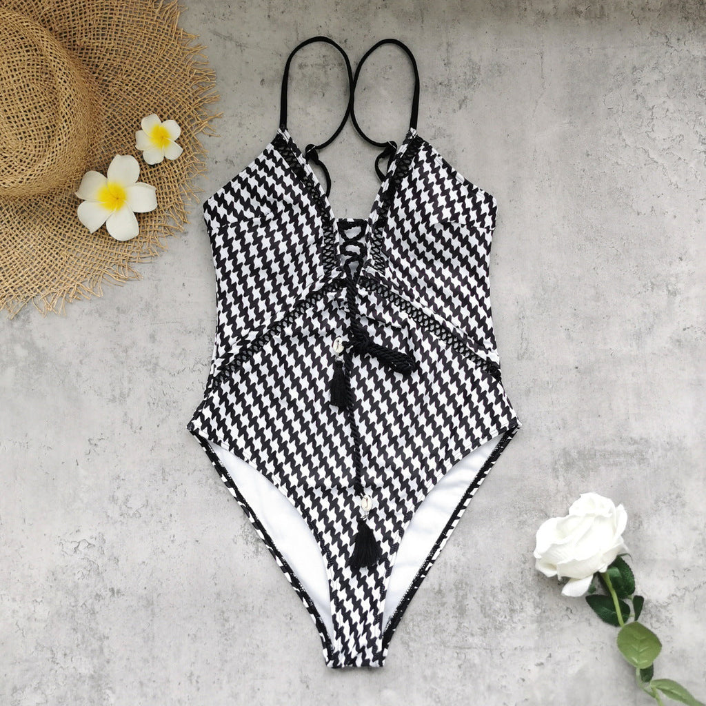 Houndstooth Print Deep Plunge Lace-Up Tassel One-Piece Swimsuit | Ruffle Bust & High-Cut