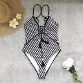 Houndstooth Print Deep Plunge Lace-Up Tassel One-Piece Swimsuit | Ruffle Bust & High-Cut