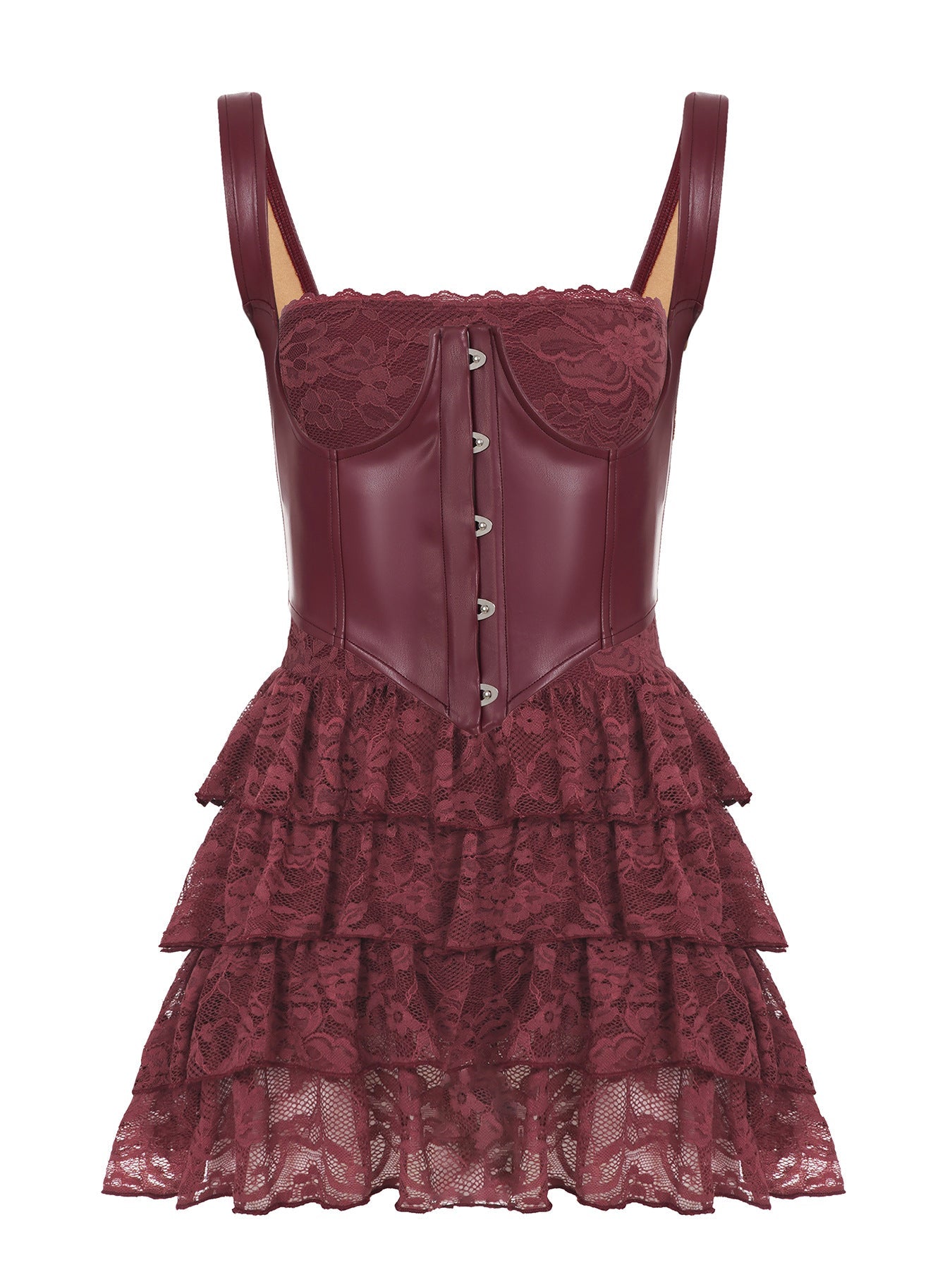 Faux Leather Corset & Tiered Lace Ruffle Skirt Set