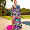Tropical Botanical Leaf Print Deep V-Neck Long Sleeve High Split Flowy A-Line Maxi Dress