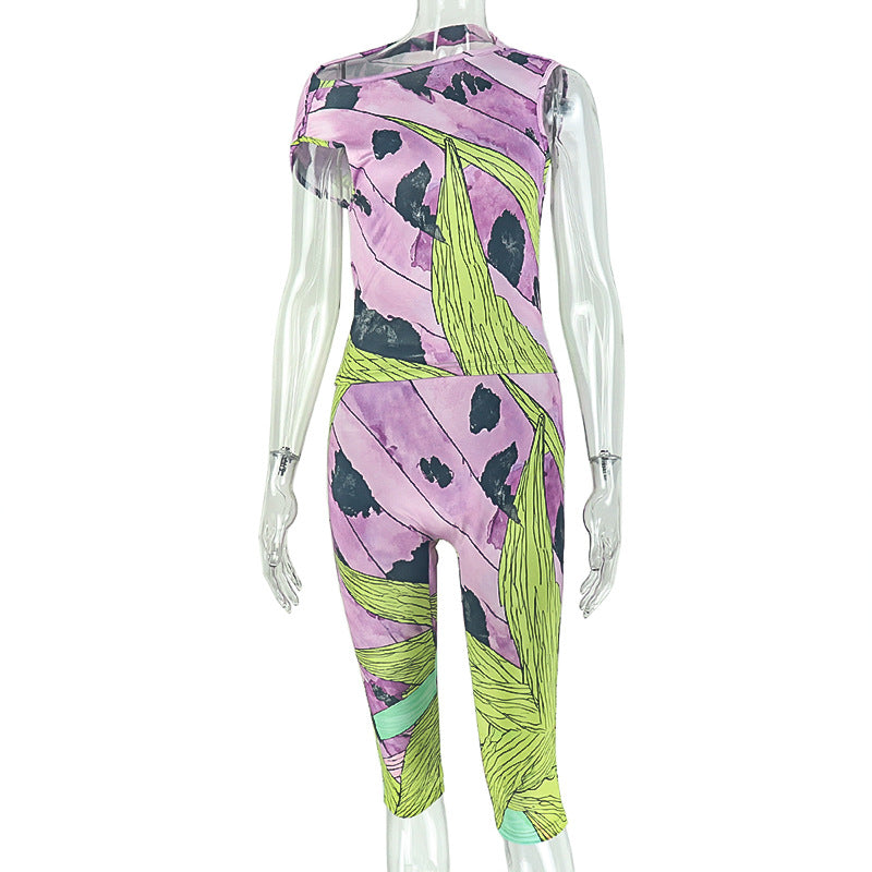 Abstract Print One-Shoulder Crop Top & Biker Shorts Set