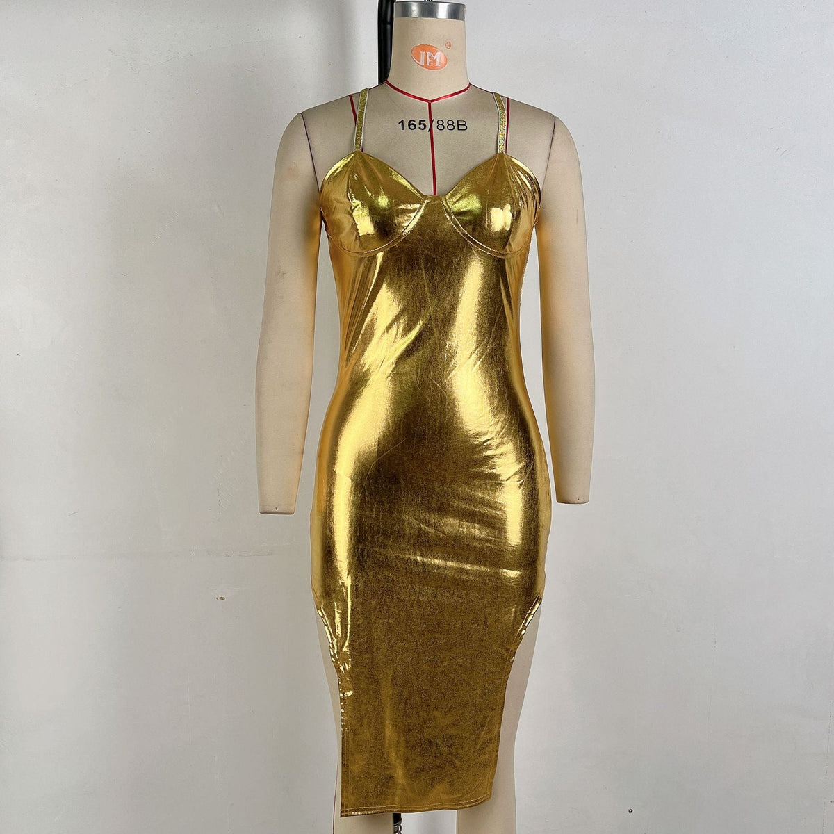 Women Clothing Autumn Bronzing Color Tube Top Sexy Waist Tight Hip Bag Irregular Asymmetric Spaghetti Strap Dress Women