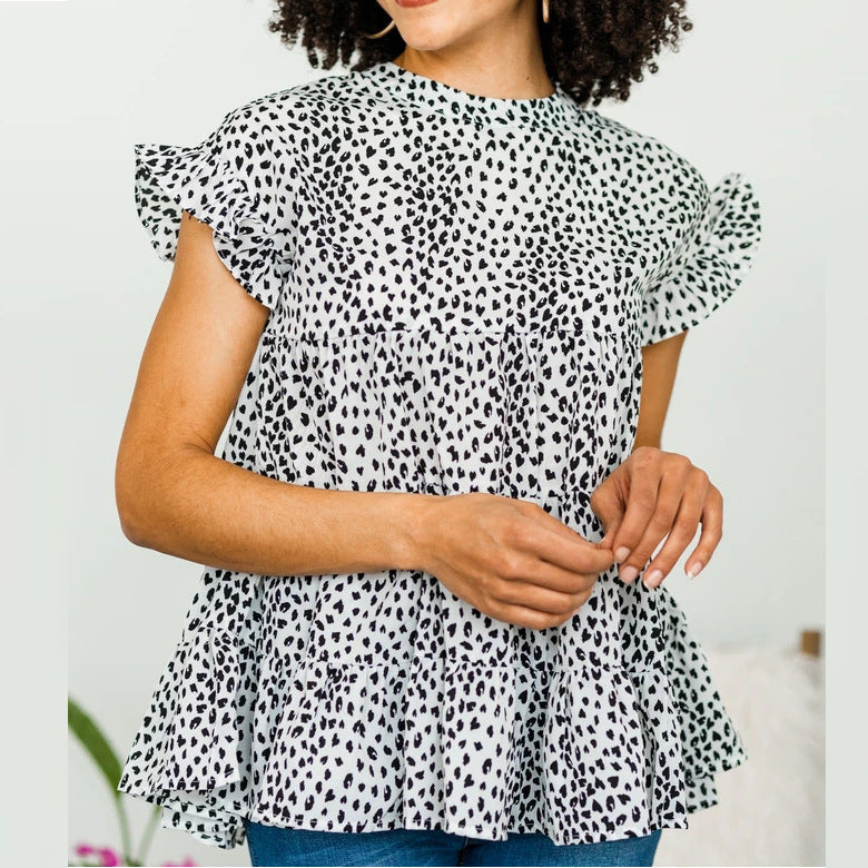 Micro Leopard Print Tiered Ruffle Babydoll Blouse