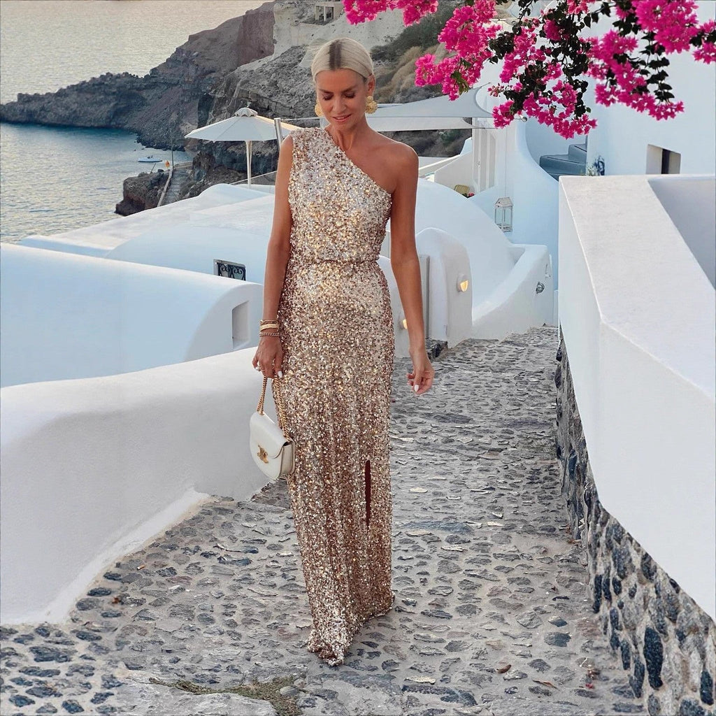 The Golden Toast One-Shoulder Sequin Maxi Dress