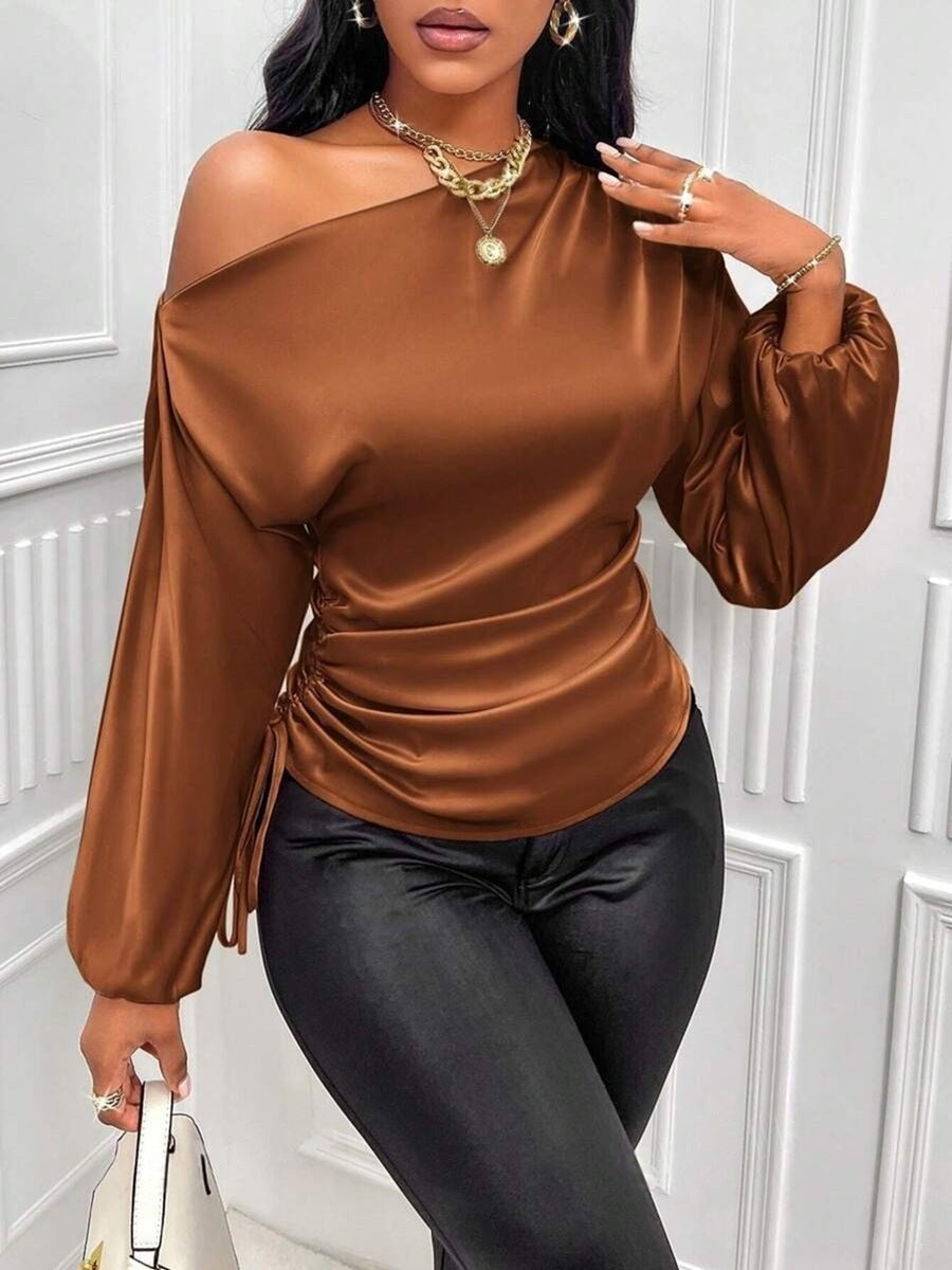 Satin Asymmetric One-Shoulder Bishop Sleeve Side Tie Ruched Waist Blouse