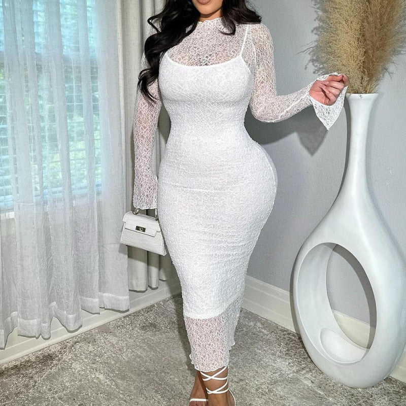 Lace Affair Floral Lace Long Sleeve Mock Neck Bodycon Midi Dress