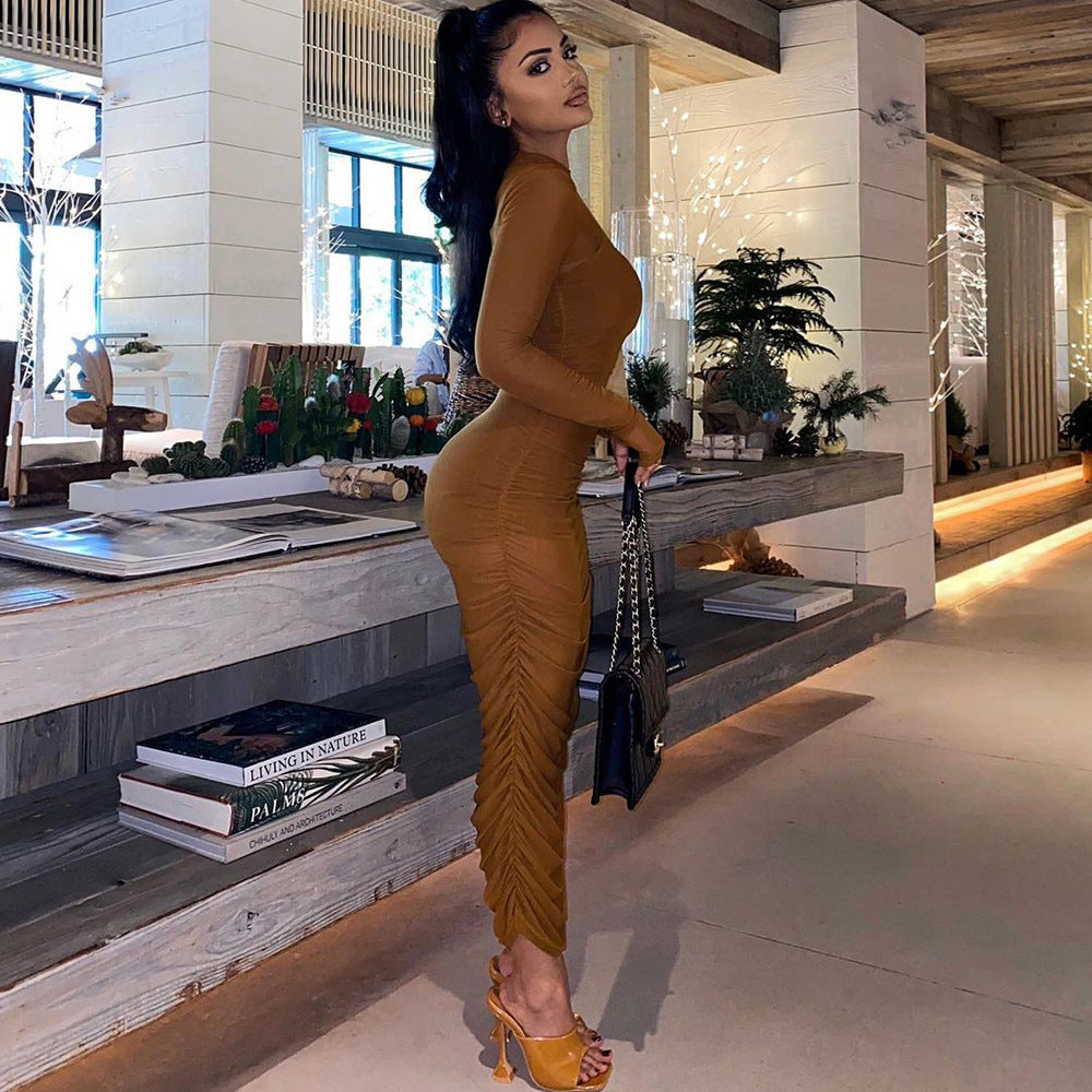 Mesh See-Through Maxi Dress | Long Sleeve Ruched Bodycon
