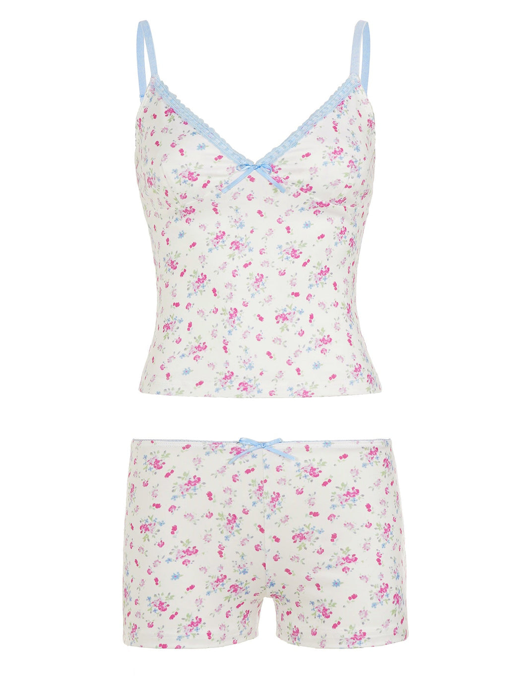 Ditsy Floral Lace Trim Deep V-Neck Cami & Micro Shorts Two-Piece Set