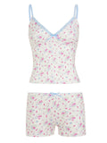 Ditsy Floral Lace Trim Deep V-Neck Cami & Micro Shorts Two-Piece Set